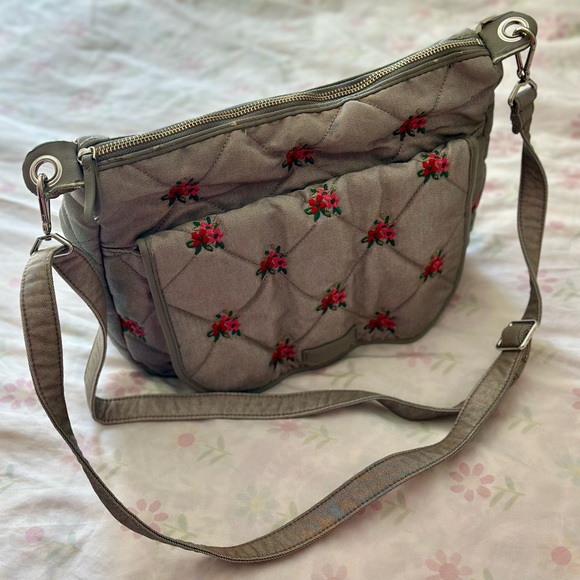 Carson Shoulder Bag In Grey Denim With Embroidered Flowers - Picture 3 of 11